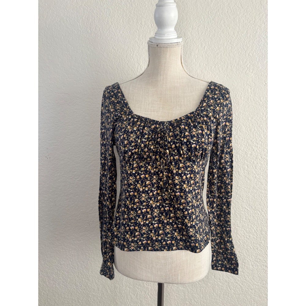 SHEIN Top XL Floral Milkmaid Long Sleeve Square‎ Neck Cinched Bust Tie